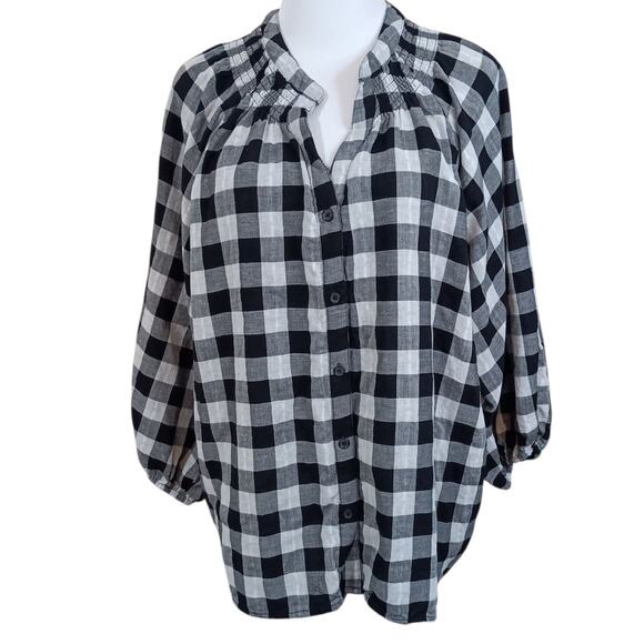 NEW Time‎ and Tru Smocked Peasant Top Blouse Plus 2X Black White Plaid Check - Picture 3 of 11